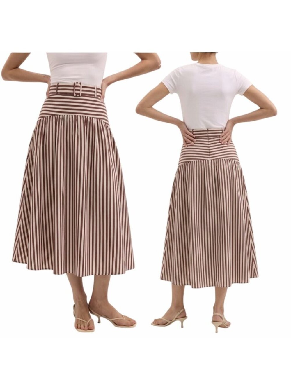 ⭐Ann Taylor Women Brown White Pink Striped Belted High Waist Midi Skirt Sz 6 New